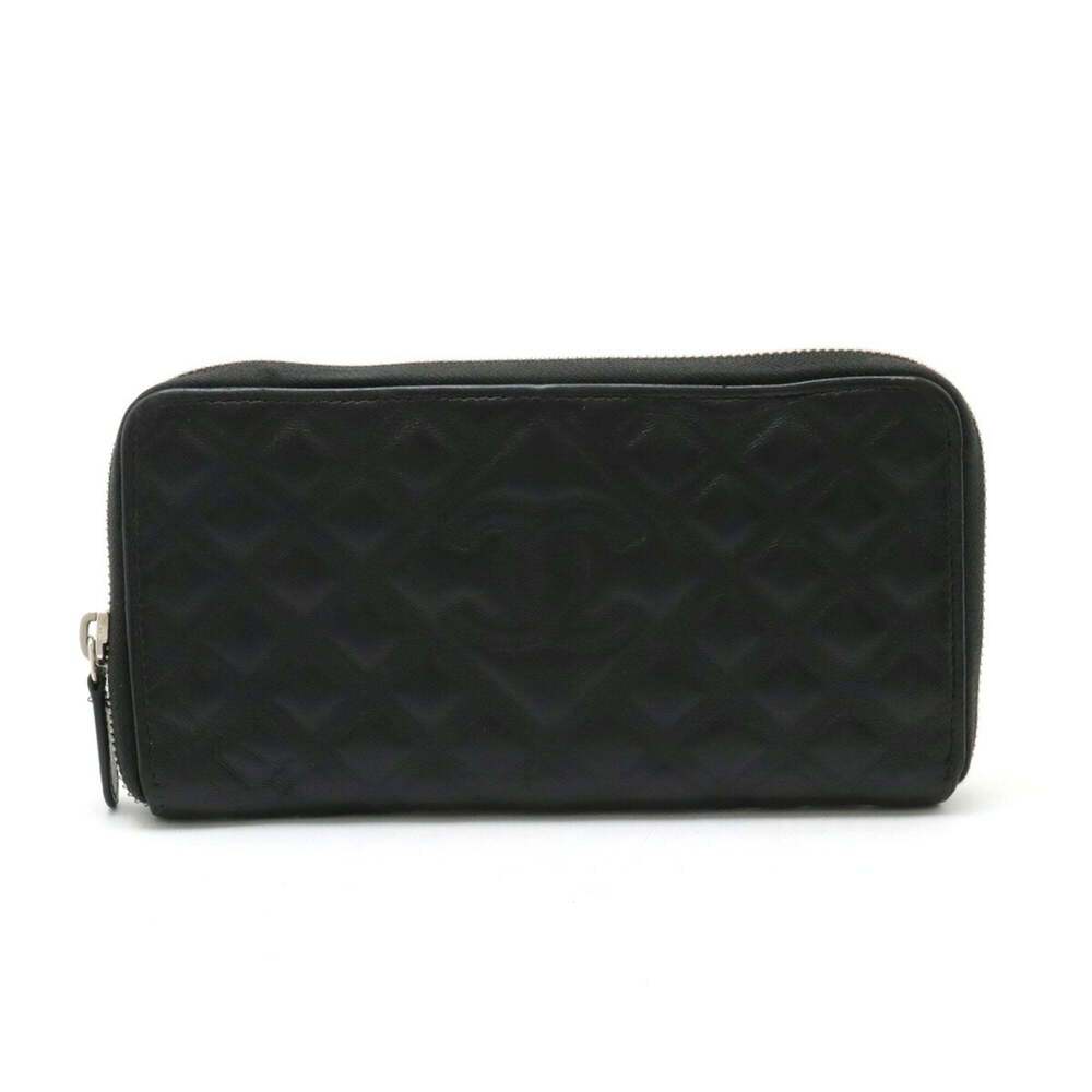 CHANEL Authentic Black Diamond Leather Logo Wallet